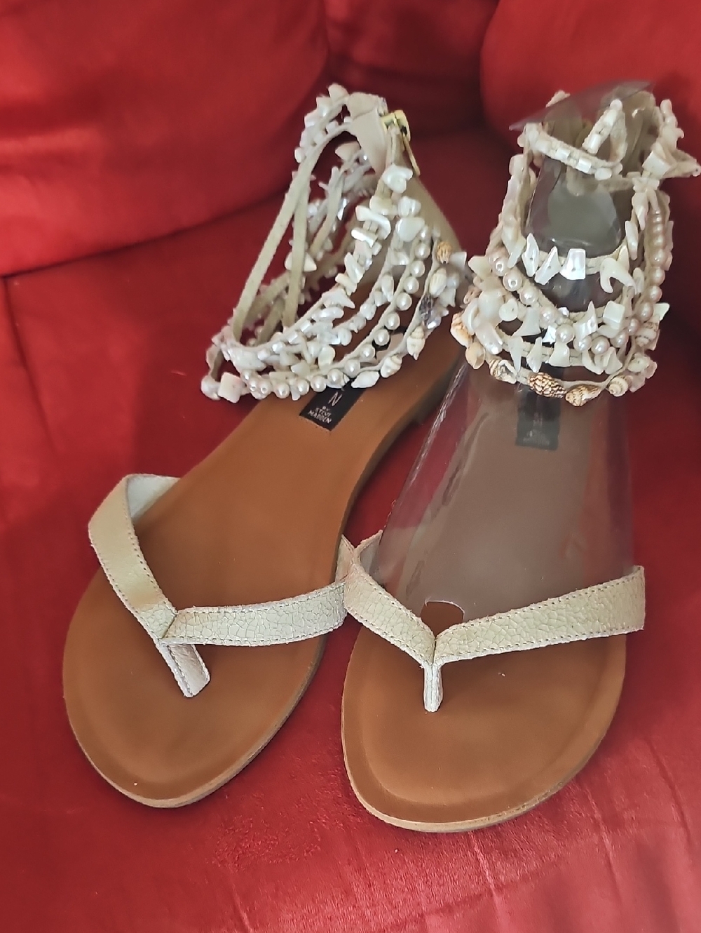 Steve Madden Ivory Beaded Ankle-Strap Sandals